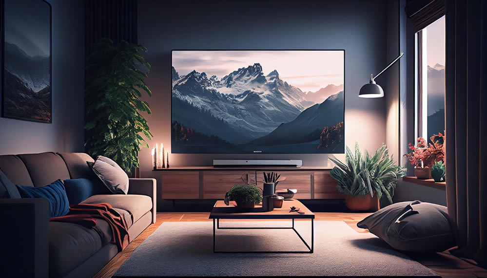 Flat-screen TV securely mounted on a living room wall.