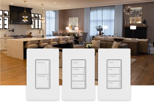 Lutron lighting control hybrid keypads in a modern home setting.