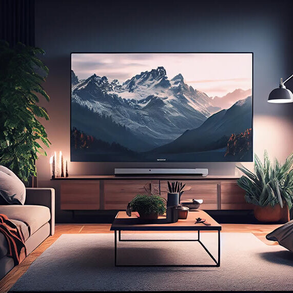 Flat-screen TV securely mounted on a living room wall.